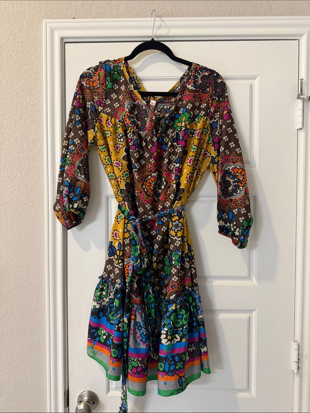 Uncle Frank Multicolor Floral Tiered Mini Dress in Brown, Yellow, Blue